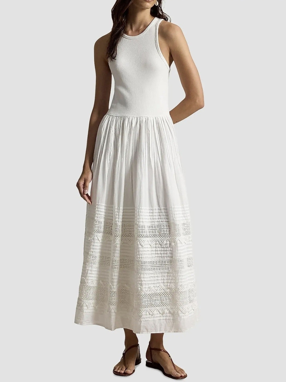 Polo by Ralph Lauren White Sleeveless Midi Dress with Lace Panel Skirt